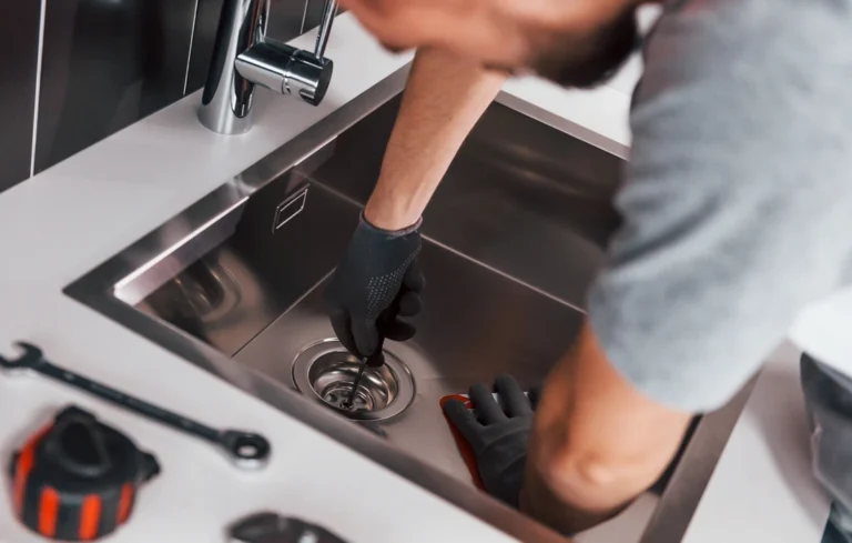 Plombier en gants noirs intervenant sur une évacuation d'évier en inox avec outils professionnels visibles